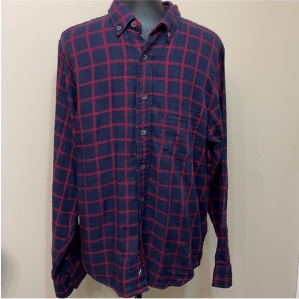 Tailor Vintage Men's Navy Burgundy Cotton Plaid Button Down Shirt L